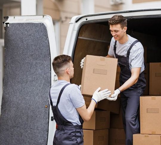 chicos descargando cajas de furgoneta